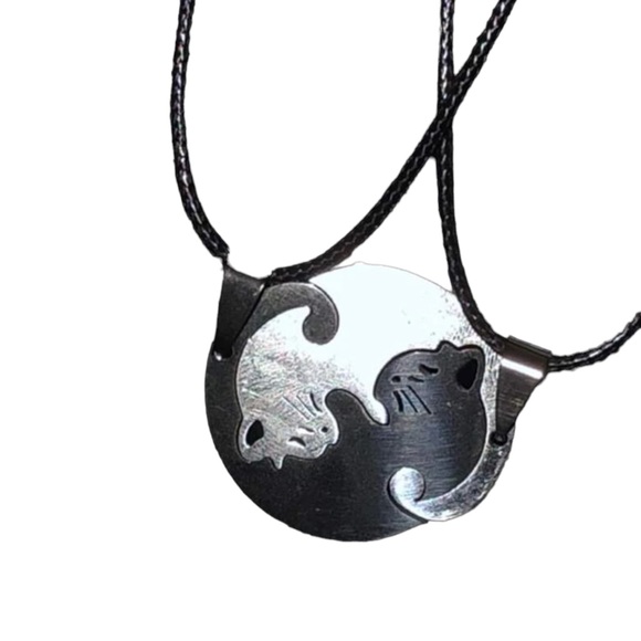 Interlocking Cats Gunmetal & Platinum Stainless Love Puzzle Necklace Set - NWT - Picture 7 of 13